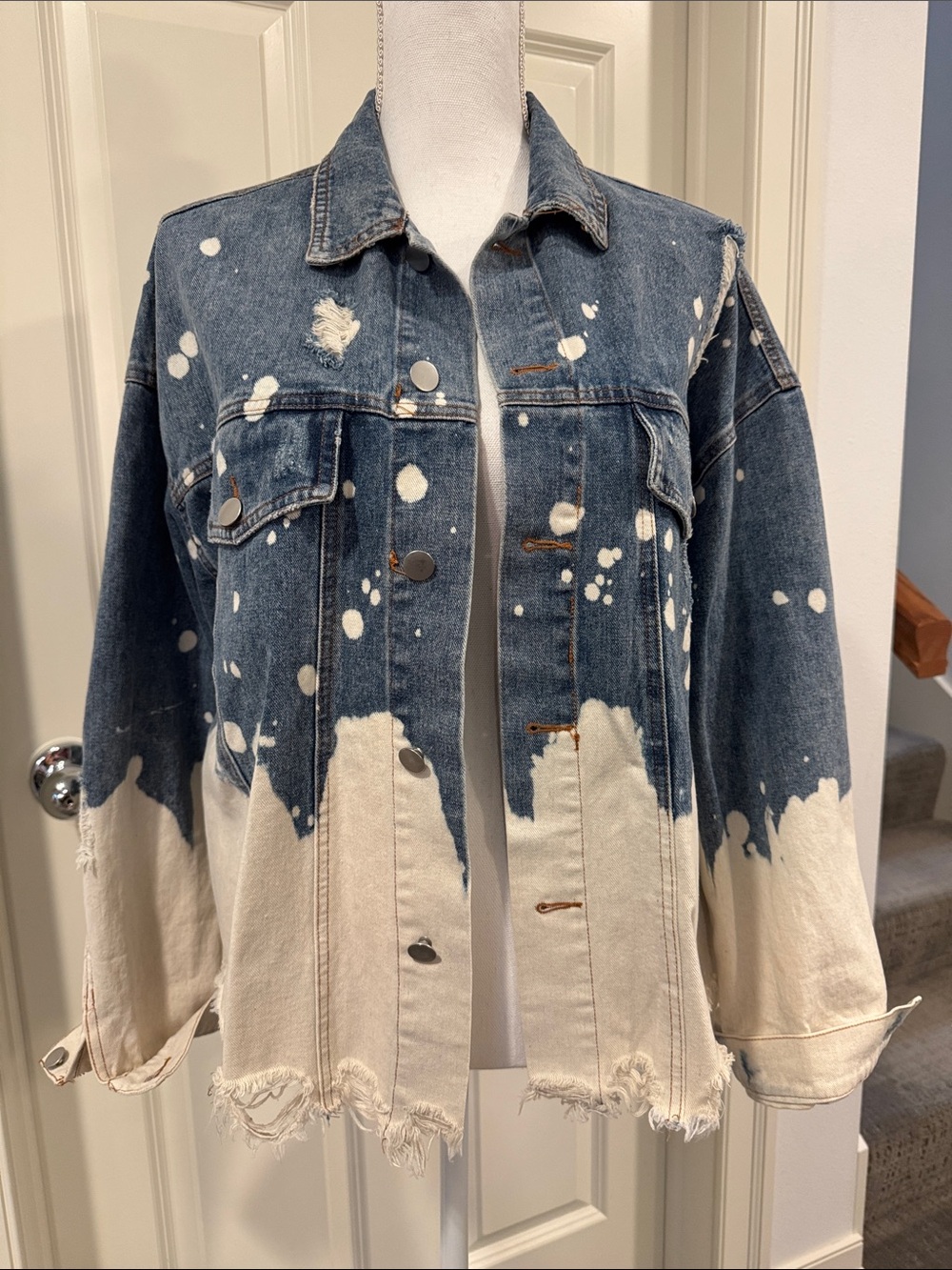 BiBi Two-Tone Distressed Denim Jacket in Blue and Cream, L